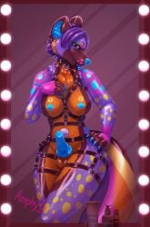 amphlar animate_inanimate anthro balls big_breasts breasts cheek_tuft collar erection facial_tuft genitals gynomorph hair harness hi_res inflatable intersex knot knotted_penis latex leather leather_harness living_inflatable markings mirror mirror_reflection multicolored_body neck_tuft nipple_piercing nipples penis piercing presenting purple_hair reflection smile smiling_at_viewer smirk solo standing thick_thighs tongue tongue_out tuft waffletowel