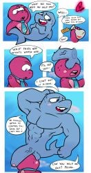 absurd_res accessory alpha_channel anthro aquatic balls balls_on_face blue_body blue_eyes blue_necktie blush bodily_fluids cetacean comic dinosaur dolphin duo english_text flappers_(gameoverse) flask furry gameoverse gay genitals glitch_productions gobbles_(gameoverse) hi_res kakau221 male male/male male_only mammal muscular muscular_male necktie penis pink_body potion prehistoric_species purple_eyes reptile scalie sharp_teeth shy slightly_chubby sweat teeth text toothed_whale