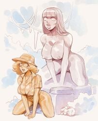 2girls artist_self-insert big_breasts brellom brellom_(character) brellomascot brells cleavage clothed_female curse cursed_item cursed_object digital_drawing_(artwork) explorer female glasses gold-skinned_female gold_(metal) gold_statue golden_skin hat jungle nude_female on_knees original original_character petrification statue statue_transformation statuefication transformation
