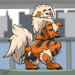 1:1 animal_genitalia anus arcanine balls butt canid canine canis city domestic_dog feral generation_1_pokemon genitals happy hi_res male mammal nintendo open_mouth pawzzhky pokemon pokemon_(species) presenting sheath solo