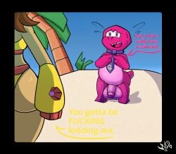 accessory anthro balls beach bottomless breasts butt clothed clothing digital_media_(artwork) dinosaur english_text felid feline female gameoverse genitals glitch_productions gobbles_(gameoverse) hair hi_res kit_(gameoverse) kit_bodega male mammal necktie not_safe_for_reality nude outside penis prehistoric_species reptile sand scalie seaside shortstack sky smile solo swimwear tail text two-piece_swimsuit typo