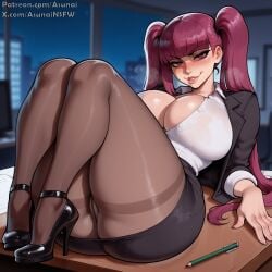 asunai ai_generated stable_diffusion 1girl solo riruka_dokugamine bleach large_breasts office_lady huge_ass thick_thighs pantyhose purple_hair purple_eyes twintails curvy high_heels
