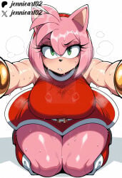 1girl ai_generated alternate_breast_size amy_rose animal_ears animal_nose anthro artist_name bare_shoulders belt blush boots breasts clothing dress english_text eulipotyphlan female footwear furry furry_female green_eyes hairband headwear hedgehog jennieart02 large_breasts looking_at_viewer patreon patreon_logo patreon_username pink_fur pink_hair reaching_towards_viewer red_dress red_footwear red_hairband seiza short_dress short_hair simple_background sitting sleeveless sleeveless_dress solo sonic_the_hedgehog_(series) sweat thick_thighs thighs twitter twitter_username watermark white_background