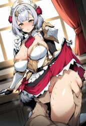 ai_generated novart01 1girl clothing cunnilingus female noelle_(genshin_impact) 1boy green_eyes oral grey_hair male thighs breasts flower thigh_grab genshin_impact armor hetero short_hair rose shoulder_armor thick_thighs braid large_breasts blush window hair_flower headwear gauntlets cleavage hair_ornament maid_headdress indoors sweat clothes_lift clothes_pull dress armored_dress dress_lift pauldrons pussy skirt_lift tongue curtains braided_bangs red_rose red_flower ascot open_mouth tongue_out solo_focus headdress no_panties single_pauldron lifted_by_self red_ascot maid skirt vambraces pussy_juice ass low_neckline breastplate alternate_breast_size ass_grab standing