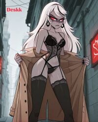 1girls ai_generated artist_name bra carmilla_carmine coat coat_only coat_open dark_skin demon demon_girl demon_humanoid deskk ear_piercing ear_ring earrings eyebrows eyelashes halo hazbin_hotel lace lace-trimmed_bra lace-trimmed_panties lace_bra lace_trim long_hair looking_away milf red_sclera sad serious sole_female solo solo_focus stomach thong toned_body toned_female vivienne_medrano white_eyes white_hair