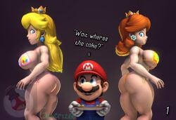 1boy 2025 2girls 3d 3d_(artwork) ass big_ass big_breasts bikini bikini_bottom bikini_top black_eyes blonde_hair blue_eyes breasts brown_hair busty clothing crown dialogue ear_piercing earrings facial_hair fat_ass female from_side gamer126i gloves hat height_difference holding_plate human human_only kabalmystic_(style) large_breasts larger_female light-skinned_female light-skinned_male light_skin long_hair looking_at_another looking_back looking_back_at_another male male/female/female mammal mario mario_(series) mature mature_female mature_male mostly_nude mostly_nude_female mustache nintendo overalls part_1 plate princess princess_daisy princess_peach red_hat red_shirt royalty shirt short_hair shorter_male sideboob size_difference smaller_male smile taller_female text thong_bikini voluptuous voluptuous_female white_gloves
