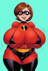 kunaboto_(style) milf mommy mommy_dom mommy_kink big_breasts gigantic_breasts gigantic_ass tight_clothing mouth_open ahe_gao ahegao ahegao_face nervous_smile nervous_sweat piercing belly_button helen_parr elastigirl the_incredibles tongue_out tongue_piercing micro_bikini bodysuit