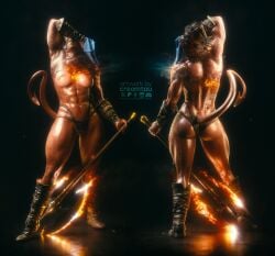 1girl abs armpits ass axe baldur's_gate baldur's_gate_3 black_hair black_panties boots breasts broken_horn colored_skin creamtau demon_girl demon_horns demon_tail dungeons_&_dragons fire flaming_weapon glowing_chest hand_towel highres horns karlach multicolored_hair multiple_views muscular muscular_female nipples panties pointy_ears red_skin red_streaks solo standing steaming_body streaked_hair tail thighs tiefling topless_female towel turnaround underwear weapon