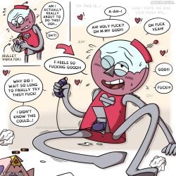benson benson_(regular_show) benson_dunwoody bullet_vibrator cartoon_network cartoony cum cum_drip cum_dripping dialogue gumball_machine kunaigirl male male_only masturbation moan moaning no_visible_genitalia non-human_only panting regular_show regular_show:_the_lost_tapes regular_show_benson solo solo_male sweat sweatdrop sweating vibrator
