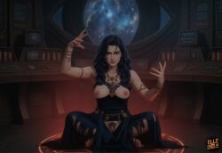ai_generated elledoesai self_upload star_wars tales_of_the_jedi_(comic) aleema_keto tattered_clothing black_dress ritual_circle jewelry black_hair long_hair pubic_hair exposed_breasts exposed_pussy