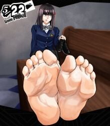 hifumi_togo groenness persona_5 persona persona_5_royal atlus female_only female_focus solo_female holding_shoes shoes_removed sitting foreshortening bench hair_ornament green_eyes school_uniform schoolgirl uniform barefoot showing_feet presenting_feet foot_fetish foot_focus feet feet_focus feet_fetish barefeet soles toes blush looking_away thick_feet meaty_soles nervous nervous_expression