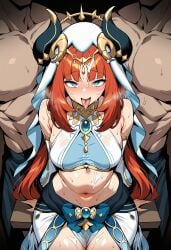 ai_generated novart01 1girl 2boys female male clothing multiple_boys nilou_(genshin_impact) long_hair breasts red_hair harem_outfit genshin_impact navel blush fake_horns horns tongue veil looking_at_viewer sweat tongue_out bangs brooch bare_shoulders penis hetero sex cum jewelry thighs sitting medium_breasts stomach open_mouth long_sleeves neck_ring detached_sleeves solo_focus facial large_breasts cum_on_body skirt muscular bracer circlet cum_on_hair blue_nails mmf_threesome blue_eyes muscular_male nail_polish thighlet twintails smile low_twintails gold_trim cum_on_legs sidelocks dark-skinned_male threesome crop_top dark_skin