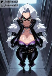 1girl ai_generated alley artist_name belt black_belt black_bodysuit black_cat_(marvel) black_cat_(marvel_rivals) black_choker black_gloves bodysuit boots breasts choker cleavage clothing collarbone curvy domino_mask doorway elbow_gloves english_text felicia_hardy female from_above full_body fur_trim gloves green_eyes hands_on_own_cheeks hands_on_own_face jennieart02 large_breasts lips long_hair looking_at_viewer makeup marvel marvel_comics marvel_rivals mask mole mole_on_breast patreon patreon_logo patreon_username shiny_clothes skin_tight solo standing superhero sweat thick_thighs thighs twitter twitter_username watermark white_hair wide_hips