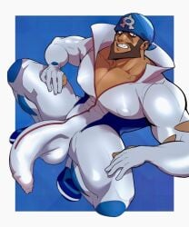 archie_(pokemon) balls bara beard big_balls big_penis bodysuit bulge facial_hair flaccid foreskin foreskin_folds foreskin_overhang headkerchief male male_only muscles muscular nintendo penis pokemon scruffley solo solo_male spread_legs squatting team_aqua wetsuit