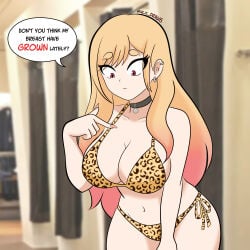 large_breasts looking_at_own_breasts bikini blonde_hair long_hair kitagawa_marin my_dress_up_darling sono_bisque_doll_wa_koi_wo_suru leopard_print_bikini leopard_print dialogue speech_bubble alxdraws alxart dressing_room implied_breast_expansion choker gradient_hair earrings cleavage pointing_at_breasts artist_name navel string_bikini 1girls