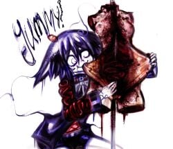 ! 1boy biob0t blood blood_on_face blue_dress blue_hair blue_shorts bow bowtie breasts cannibalism colored_skin commentary_request dress english_text guro hair_between_eyes hair_flaps intestines male_focus mannequin nail_polish necro_morselli_(biob0t) no_neck original russian_commentary shorts solo white_bow white_bowtie white_skin x_(symbol)