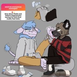 1:1 aggretsuko anthro asinus barefoot clothing digital_media_(artwork) donkey drool_on_feet duo english_text equid equine feet footwear fur haida_(aggretsuko) hi_res hyena male male/male mammal mrpawpaw musk ngl paws sanrio simple_background spots tadano_(aggretsuko) text