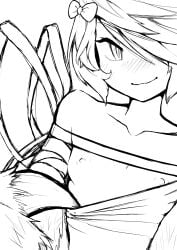 1girls :3 bare_breasts bare_shoulders bowtie breasts claws close-up close_up female female_only light-skinned_female light_skin looking_at_viewer maiden_and_spell mino_dev partially_clothed partially_clothed_female presenting presenting_breasts prismatcha pulling_clothing pulling_own_clothes simple_background stormbeast_(maiden_and_spell) line_art sketch black_and_white