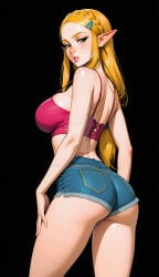 princess_zelda the_legend_of_zelda nintendo video_games video_game_character video_game video_game_franchise blonde_hair blonde_female hairclips elf elf_ears elf_female elf_girl bralette denim denim_shorts denim_bottomwear ass ass_focus butt_focus butt_cheeks ass_cheeks looking_at_viewer looking_back eye_contact black_background freckles freckles_on_face freckles_on_ass freckles_on_breasts freckles_on_shoulders freckles_on_thighs seductive_look seductive_eyes green_eyes green_eyes_female big_breasts busty busty_female big_tits big_titties hand_on_thigh 2d 2d_(artwork) 2d_artwork ai_generated ai_assisted ai_art ai-created comfyui stable_diffusion deviantart deviantart_username deviantart_link deviantart_logo deviantart_url deviantart_watermark philolite