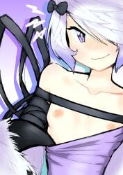 1girls :3 bare_breasts bare_shoulders bowtie breasts claws close-up close_up color colored female female_only light-skinned_female light_skin looking_at_viewer maiden_and_spell mino_dev partially_clothed partially_clothed_female presenting presenting_breasts prismatcha pulling_clothing pulling_own_clothes purple_clothing purple_eyes simple_background stormbeast_(maiden_and_spell) white_hair