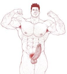 1boy abs armpit_hair bara beard_stubble boku_no_hero_academia boner broad_shoulders chest_hair closed_mouth commentary completely_nude double_biceps_pose endeavor_(my_hero_academia) enji_todoroki erection facial_hair flexing highres large_pectorals leg_hair looking_at_viewer louwin male_focus male_only male_pubic_hair monochrome muscular muscular_arms muscular_male mustache navel navel_hair nipples nude pectorals penis pubic_hair red_theme scar scar_on_face short_hair solo solo_male stubble testicles thick_thighs thighs variant_set veins veiny_arms veiny_penis