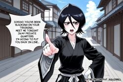 ai_generated ai_assisted fatest_squirrel bleach bleach:_the_thousand-year_blood_war kuchiki_rukia close_up upper_body 1girl hair_between_eyes short_hair black_hair black_eyes sweat small_breasts black_kimono white_sash long_sleeves wide_sleeves bridal_gauntlets white_gloves black_hakama v-shaped_eyebrows open_mouth looking_at_viewer standing hand_on_own_hip pointing_at_viewer