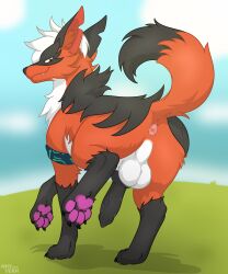 absurd_res animal_genitalia animal_penis anus balls black_body black_fur butt canid canine canine_genitalia canine_penis canis digital_media_(artwork) feral fur generation_8_pokemon genitals hi_res looking_at_viewer male mammal nintendo penis pokemon pokemon_(species) raised_tail simple_background smug solo tail thievul white_body white_fur whyvern