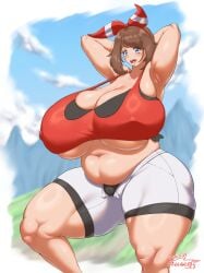 1girls 2026 absurd_res absurdres alternate_version_available armpits arms_behind_head arms_up artist_name artist_signature bbw belly big_breasts blue_eyes blurry_background blush breasts breasts_bigger_than_head brown_hair cameltoe chubby chubby_female clothed clothing detailed_background eyebrows_visible_through_hair eyelashes female female_only happy headband headwear hi_res highres huge_breasts human human_only large_breasts light-skinned_female light_skin looking_at_viewer massive_breasts may_(pokemon) may_(pokemon_oras) nipple_bulge open_fly outdoors overflowing_breasts overweight overweight_female png pokemon pokemon_oras pokemon_rse pose posing rusedy400nm shiny_hair shiny_skin shorts skindentation smile smiling smiling_at_viewer solo solo_female tank_top thick_hips thick_legs thick_thighs thunder_thighs tight_clothing venus_body wide_hips