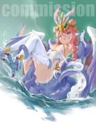 absurdres bird_legs blue_eyes blue_feathers blush breasts commission consensual_tentacles english_commentary feathered_wings feathers gradient_wings harpy headdress highres lason leotard looking_at_viewer monster_girl multicolored_wings original pink_hair small_breasts talons tentacles tentacles_under_clothes thighhighs tongue tongue_out white_leotard white_thighhighs winged_arms wings