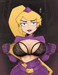 1girls 2026 blonde_hair breasts cleavage dryvial female female_only gameoverse glitch_productions hat highres large_breasts light-skinned_female light_skin miss_information_(gameoverse) purple_eyes showing_bra solo sweat