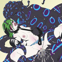 amun anthro black_sclera blue_eyes blue_tongue blush bondage bound breasts canine cephalopod collar cum cum_in_pussy cum_inside dog excessive_cum female green_eyes green_hair hair leash male mammal marine nipples octopus penetration pepper_(shinigamiinochi) pussy rhos_(shinigamiinochi) straight tentacle tentacle_hair vaginal_penetration