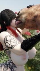 3d anonymous_artist bangs bangs_over_eyes bestiality_kiss big_breasts black_hair black_lipstick bulge curvy equine extreme_french_kiss female_kissing_feral female_on_feral feral feral_on_female feral_on_human french_kiss french_kissing gauntlets goth goth_girl hair_over_eyes highres horse hourglass_figure huge_breasts human_female human_on_feral interspecies kiss kissing large_breasts lilith_crimsonblade loving_it narrow_waist outdoors pale-skinned_female pale_skin passionate slender_waist slim_waist small_waist tattoo tattoos throat_bulge tongue tongue_kiss two-tone_hair voluptuous zoophilia
