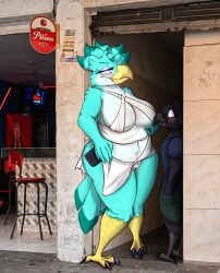 a_chance_encounter accipitrid accipitriform alleyway_milf_(meme) anthro avian beak belly big_belly big_breasts bird breasts claws clothed clothing colombia dominant dominant_female duo eagle feathers female female_anthro hi_res larger_female male martial_eagle medellin,_colombia meme overweight overweight_female size_difference suna_(urefunest) thick_thighs urefunest wide_hips