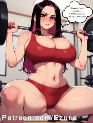 ai_generated ezuna wanuze huge_breasts huge_ass huge_butt huge_thighs big_breasts big_ass big_butt big_thighs blush wide_hips someone_stop_her seyoung_na red_eyes multicolored_hair black_hair gym gym_uniform sports_bra sportswear text english_text commentary comic spread_legs squatting