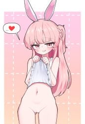 1girl absurdres animal_ears apron apron_lift blunt_bangs blush border censored clothes_lift collarbone commentary_request commission cowboy_shot grin heart hh highres lifting_own_clothes long_hair looking_at_viewer mosaic_censoring naked_apron navel original outside_border pink_eyes pink_hair pussy rabbit_ears rabbit_girl smile solo spoken_heart stomach white_apron white_border