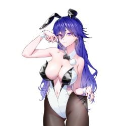 lucilla_(wuthering_waves) wuthering_waves blue_hair big_breasts busty busty_female long_hair hair_between_eyes bunny_ears bunnysuit playboy_bunny pulling_clothing curvy curvy_female wide_hips thick_thighs :) cameltoe ass_visible_through_thighs ass