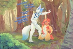absurd_res animal_genitalia anthro balls bdsm biped blue_body blue_fur blue_hair blush bodily_fluids canid canine canis claws collar dialogue domestic_dog erection excited floppy_ears forest fox fur genital_fluids genitals grass hair harness hi_res holding_leash holding_object holding_sheath kazter kneeling leaning_against_tree leash looking_up_at_partner male male/male mammal marking_territory motion_lines nude on_grass on_ground open_mouth orange_body orange_fur outside paws peeing peeing_on_another penis penis_tip petplay plant precum roleplay sheath smile standing supersonicsoup tail tail_motion tailwag timber_snowfox tongue tree urine watersports whining white_body white_fur