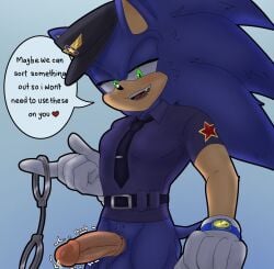 1boy accessory anthro balls belt belt_buckle black_nose blue_body bodily_fluids bottomless buckle clock clothed clothing countershade_arms countershade_face countershade_genitalia countershade_penis countershading cuff_(restraint) dialogue english_text erection eulipotyphlan furry furry_male furry_only genital_fluids genitals glans glistening glistening_nose gloves green_eyes handcuffs handwear head_spines heart_symbol hedgehog hi_res male male_only mammal metal_cuffs necktie officers'_hat penis pointy_ears police police_officer police_uniform precum quills_(anatomy) restraints sega shirt smile solo solo_focus solo_male sonic_(series) sonic_the_hedgehog sonic_the_hedgehog_(series) star_symbol text throbbing throbbing_penis topwear uniform watch wsora