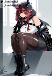 1girl ai_generated arknights artist_name ascalon_(arknights) bare_shoulders black_choker black_footwear black_gloves black_jacket black_legwear black_skirt boots breasts brown_pantyhose choker clothing demon_horns elbow_gloves english_text female footwear gloves hair_between_eyes head_rest hood hood_up horns jacket jennieart02 large_breasts leather legwear long_hair pantyhose patreon patreon_logo patreon_username pencil_skirt pointy_ears red_eyes red_hair shirt shoes short_hair_with_long_locks sitting skirt solo sweat thick_thighs thighband_pantyhose thighs twitter twitter_username watermark white_shirt