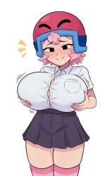 1girl ai ai_generated blush bonnie_(brawl_stars) brawl_stars excited holding_breast huge_breasts looking_at_breasts original_art school_uniform shirt skirt smile solo touching_breast white_background wide_hips