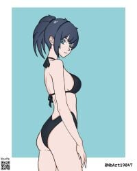 1girl 1girls back-tie_bikini back-tie_swimwear badly_drawn bikini bikini_bottom bikini_only bikini_top black-haired_female black_bikini black_bikini_bottom black_bikini_top black_hair black_swimsuit black_swimwear blue-eyed_female blue_background blue_eyes closed_mouth_smile gluteal_fold halterneck hand_on_leg hand_on_own_leg hand_on_own_thigh hand_on_thigh head_tilt looking_sideways looking_to_the_side nbart19047 ponytail smile smiley_face smiling smiling_at_viewer swimsuit swimwear tilted_head touching_leg touching_thigh white_border