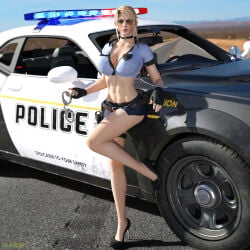 1girls 3d 3d_(artwork) absurd_res absurd_resolution absurdres against_car beautiful_woman belly belted_skirt beltskirt black_high_heels blonde-haired_female blue_miniskirt blue_skirt braless choker cleavage collarbone disinterested emotionless emotionless_female expressionless femsub filtered fingerless_gloves high_heels high_quality high_resolution hleet3d huge_breasts leaning_against_car lipstick long-haired_female mature_woman miniskirt muscle_car navel navy_blue_skirt necklace no_bra pinup police_car police_uniform police_woman resident_evil sarah_(resident_evil) short_skirt skirt sunglasses text tinted_eyewear tomboyish uncaring uncaring_female uninterested uninterested_female