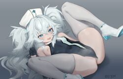 d5y0m girls'_frontline girls'_frontline_2:_exilium pa-15_(girls'_frontline) florence_(girls'_frontline_2) 1girls female female_only legs_up steam steaming_body thighhighs nurse nurse_cap hat blue_hair long_hair twintails laying_down laying_on_back lying_on_back lying_down gloves heart-shaped_pupils blue_eyes blush sweat sweatdrop open_mouth tight_clothing leotard breasts breasts_out small_breasts nipples covered_navel one_breast_out covered_nipples