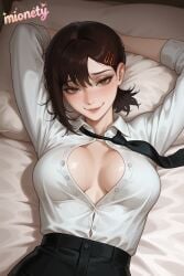 higashiyama_kobeni chainsaw_man 1girl breasts solo necktie shirt hair_ornament white_shirt hairclip smile mole collared_shirt looking_at_viewer lying on_back black_necktie brown_eyes black_hair mole_under_eye sweat medium_breasts partially_unbuttoned blush artist_name medium_hair arms_up open_clothes closed_mouth open_shirt pillow short_hair mole_under_mouth on_bed single_sidelock arms_behind_head upper_body brown_hair cleavage shirt_tucked_in breasts_apart short_ponytail lips pants black_pants no_bra large_breasts swept_bangs bed_sheet multiple_moles long_sleeves dress_shirt sleeves_rolled_up braid hair_between_eyes black_skirt asymmetrical_hair unbuttoned skirt buttons mionety ai_generated