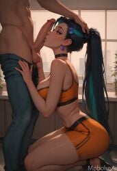 ai_generated mobolusai league_of_legends kai'sa k/da_all_out_kai'sa ponytail multicolored_hair choker purple_eyes sports_bra sportswear waitress bar belly_button skinny female thighs shorts big_breasts cock cock_worship kissing_penis hand_on_head kneeling kneeling_oral_position
