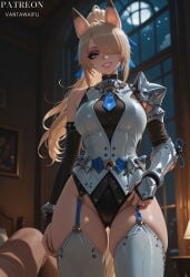 1girl ai_generated animal_ears armor artist_name ass_visible_through_thighs blonde_hair blue_necktie breasts clothing female fox_ears fox_girl garter_straps gloves grey_eyes hair_over_one_eye hair_ribbon high_ponytail highleg highleg_leotard horse_ears horse_girl indoors large_breasts legwear leotard lips long_hair looking_at_viewer makeup mole moon necktie night parted_lips pauldrons ponytail ribbon shoulder_armor sigrid_(zenless_zone_zero) sigrid_de_l'azur single_pauldron single_sleeve smile solo tail thighhighs thighs vantawaifu vest white_thighhighs window zenless_zone_zero