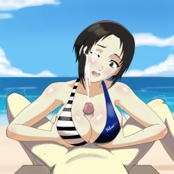 beach beach_sex bikini_top cristicko3845 cum_on_face marie_(persona_4) paizuri paizuri_under_clothes persona persona_4 persona_4_the_golden titjob