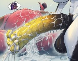 bodily_fluids cum cum_inside duo female genital_fluids genitals gynomorph intersex intersex/female melina_(volan_art) navel nipples penis reptile scalie snake volan_art