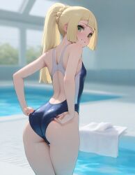 adjusting_swimsuit ai_generated beautiful_girl blonde_female bubble_butt flat_chest green_eyes heavenly_ass heavenly_body lillie_(pokemon) petite_female pokemon pool pretty_face sexy sexy_pose slim_female slim_waist slutty_body slutty_female swimsuit temptation tempting_viewer