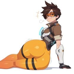 1girl 1girls ai_generated ass bangs big_ass bodysuit bomber_jacket brown_eyes brown_hair female female_only goggles jacket looking_at_viewer looking_back orange_bodysuit overwatch short_hair short_sleeves sleeves_rolled_up smile solo spiked_hair swept_bangs thigh_strap thighs tight tight_pants tracer union_jack vambraces